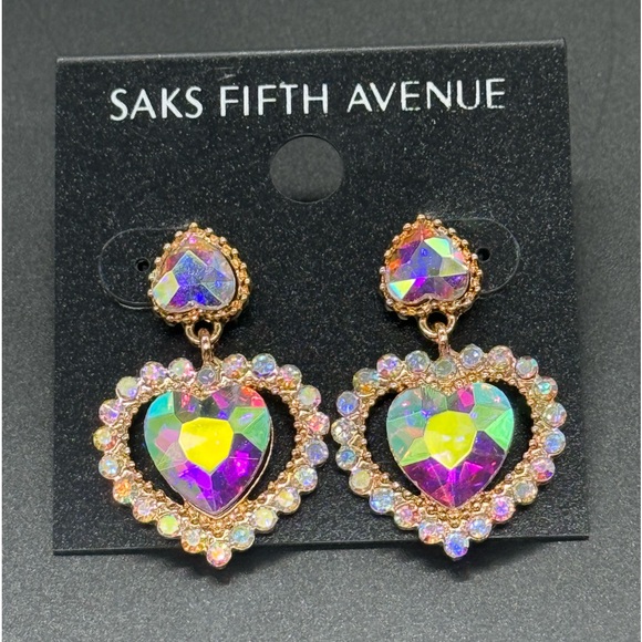 Elegant Saks Fifth Avenue AB Heart Crystal Post With Drop Crystal Heart Ear - Picture 5 of 9